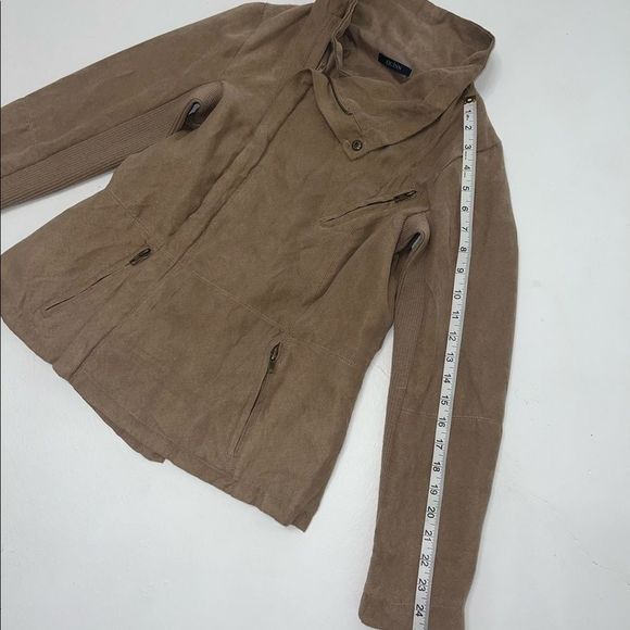 QUINN camel brown tan asymmetrical faux suede zip up jacket long sleeve medium - Picture 4 of 11